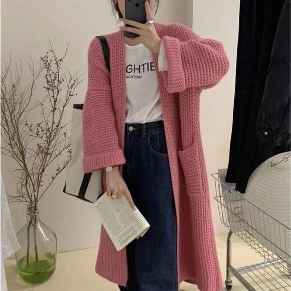 Sweater knit cardigan pocket wide sleeve boho rose pink NWT - Picture 10 of 10